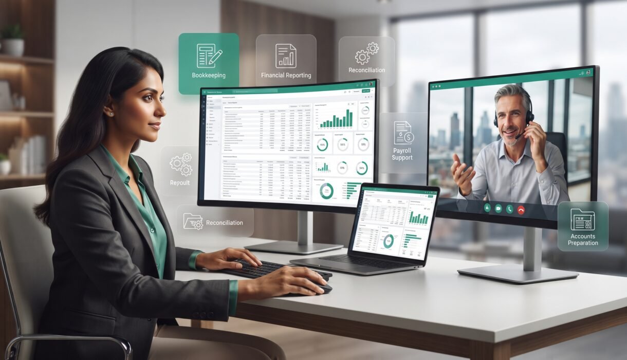 professional offshore accountant working remotely on financial reports, bookkeeping software, spreadsheets and business dashboards while communicating with a UK-based finance manager through a video call