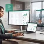 professional offshore accountant working remotely on financial reports, bookkeeping software, spreadsheets and business dashboards while communicating with a UK-based finance manager through a video call